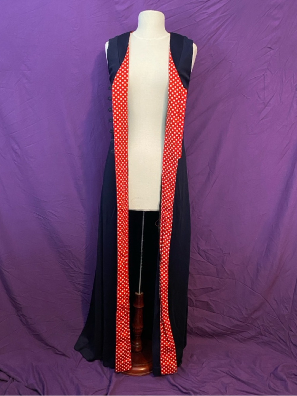 Vintage 70s Young Edwardian Navy Sleeveless Duster with Red Polka Dot Buttons - Picture 4 of 8